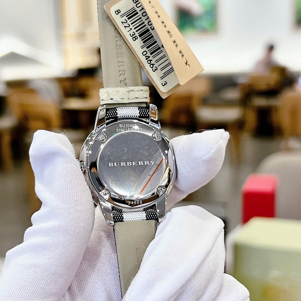 Đồng Hồ Nữ Burberry BU10103 Máy Thụy Sĩ Quartz Size 32mm Dây Da Caro Sọc Đen Trắng Vỏ Silver