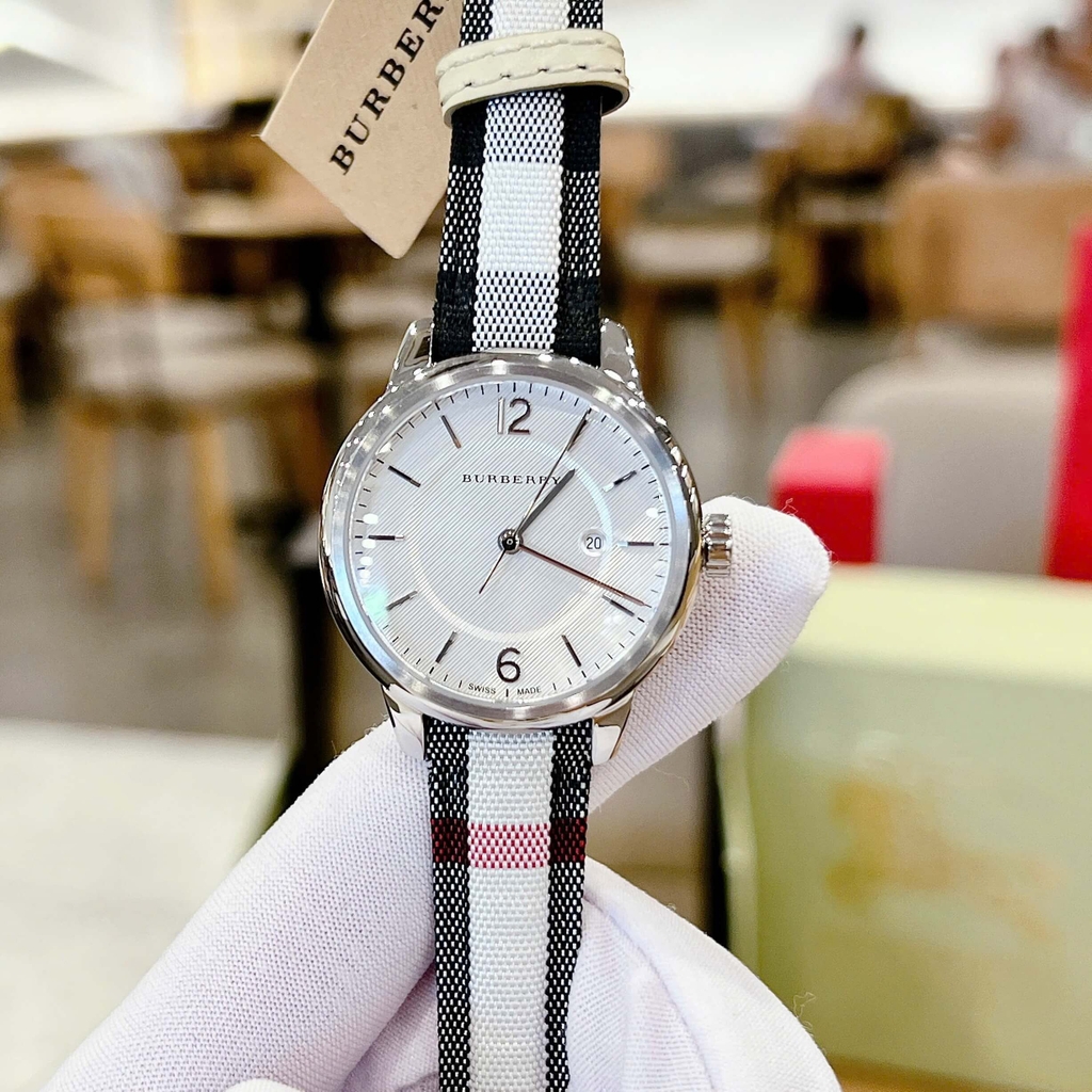 Đồng Hồ Nữ Burberry BU10103 Máy Thụy Sĩ Quartz Size 32mm Dây Da Caro Sọc Đen Trắng Vỏ Silver