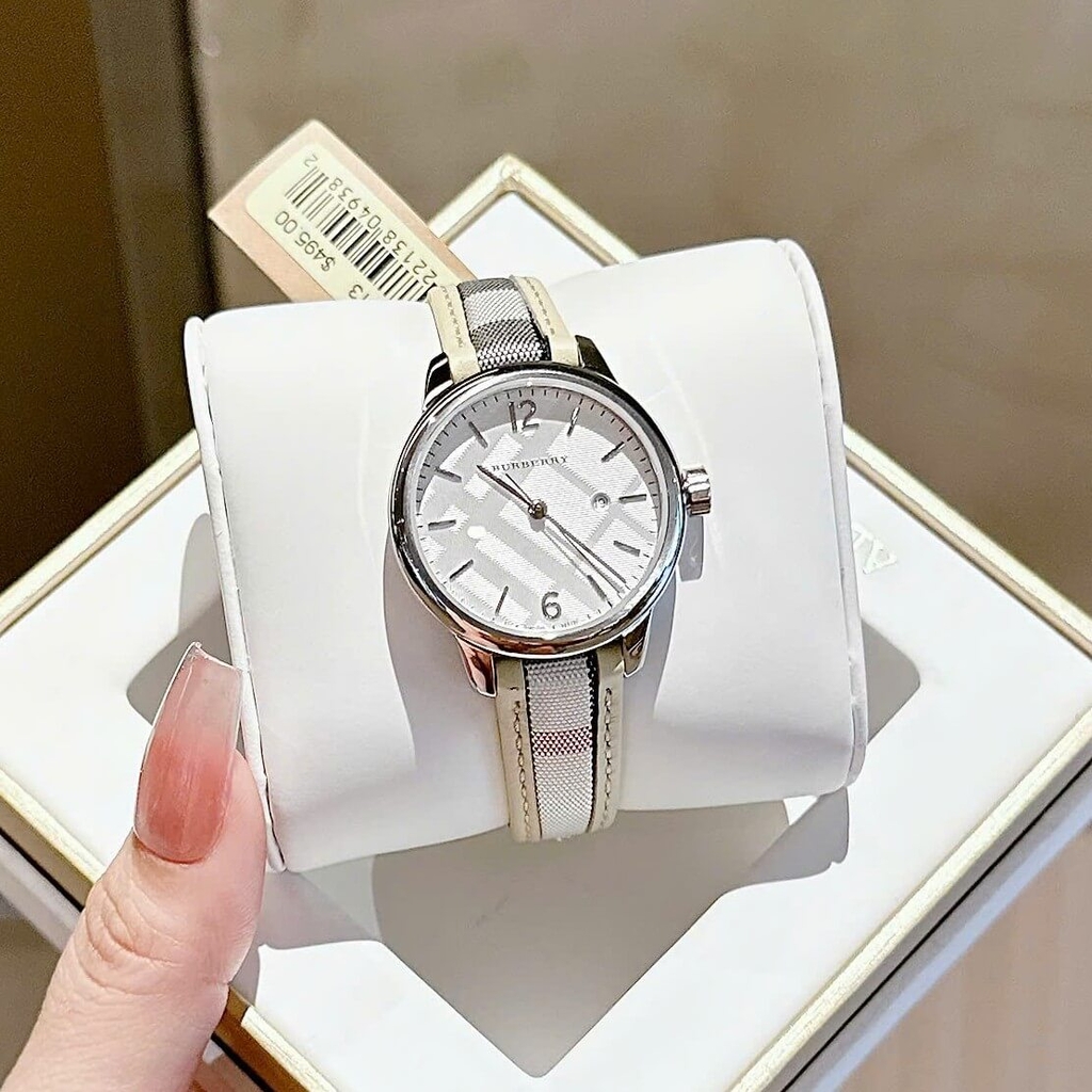 Đồng Hồ Nữ Burberry BU10113 Máy Thụy Sĩ Quartz Size 32mm Dây Da Caro Sọc Trắng Vỏ Silver