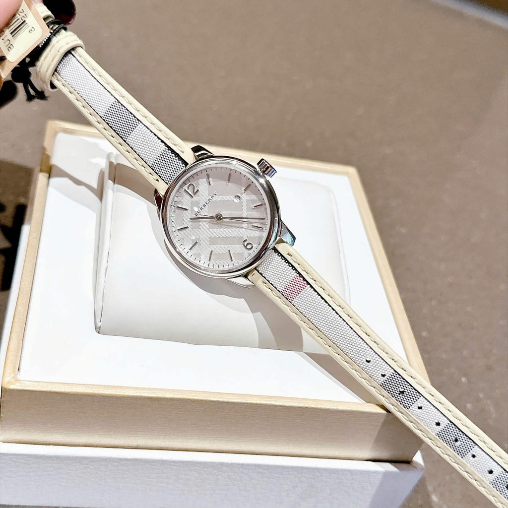 Đồng Hồ Nữ Burberry BU10113 Máy Thụy Sĩ Quartz Size 32mm Dây Da Caro Sọc Trắng Vỏ Silver