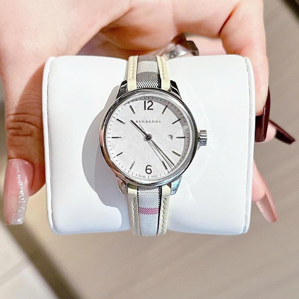 Đồng Hồ Nữ Burberry BU10113 Máy Thụy Sĩ Quartz Size 32mm Dây Da Caro Sọc Trắng Vỏ Silver
