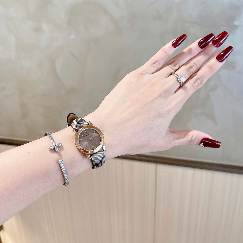 Đồng Hồ Nữ Burberry BU9236 Dây Da Caro Vỏ Vàng Hồng Size 26mm Quartz Thụy Sĩ