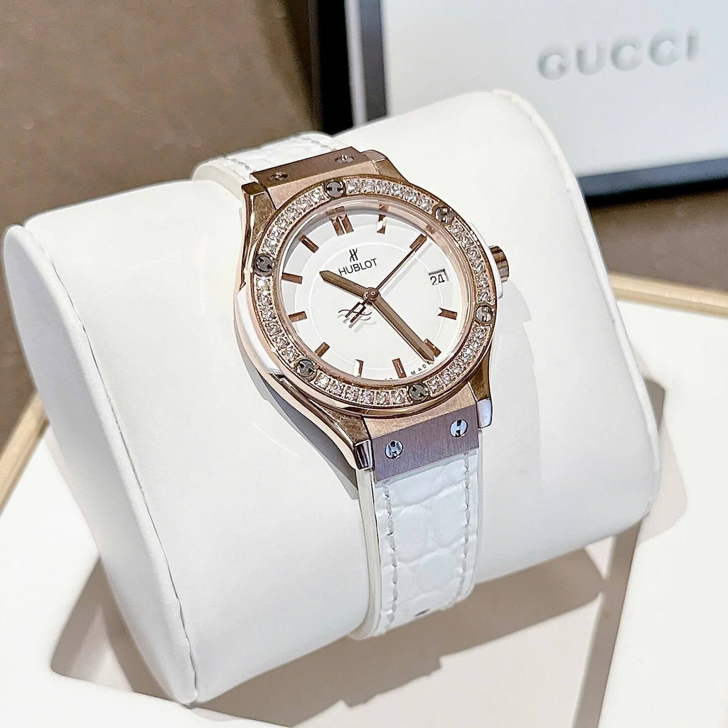 Đồng Hồ Nữ Hublot Classic Fusion Dây Da Trắng Vỏ Vàng Hồng Size 30mm Quartz