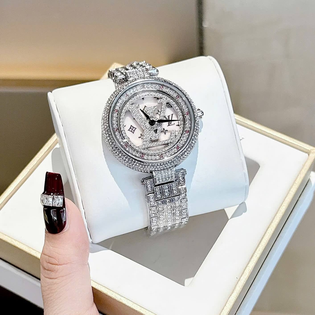 Đồng Hồ Nữ LV Mặt Xoay Đính Đá Mặt Và Dây Silver Sang Trọng Size 38mm Quartz