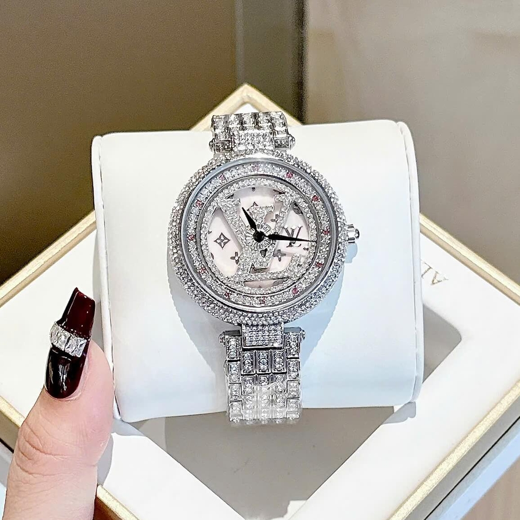 Đồng Hồ Nữ LV Mặt Xoay Đính Đá Mặt Và Dây Silver Sang Trọng Size 38mm Quartz