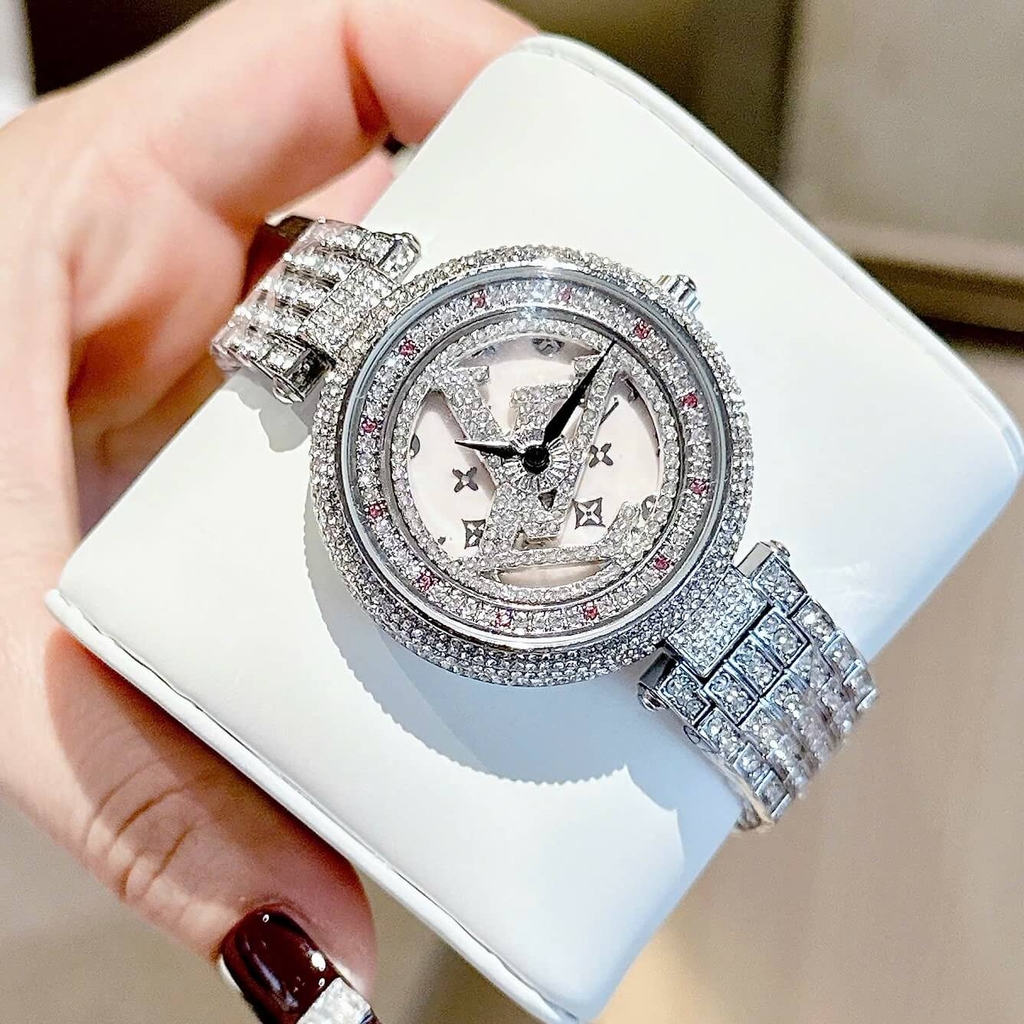 Đồng Hồ Nữ LV Mặt Xoay Đính Đá Mặt Và Dây Silver Sang Trọng Size 38mm Quartz