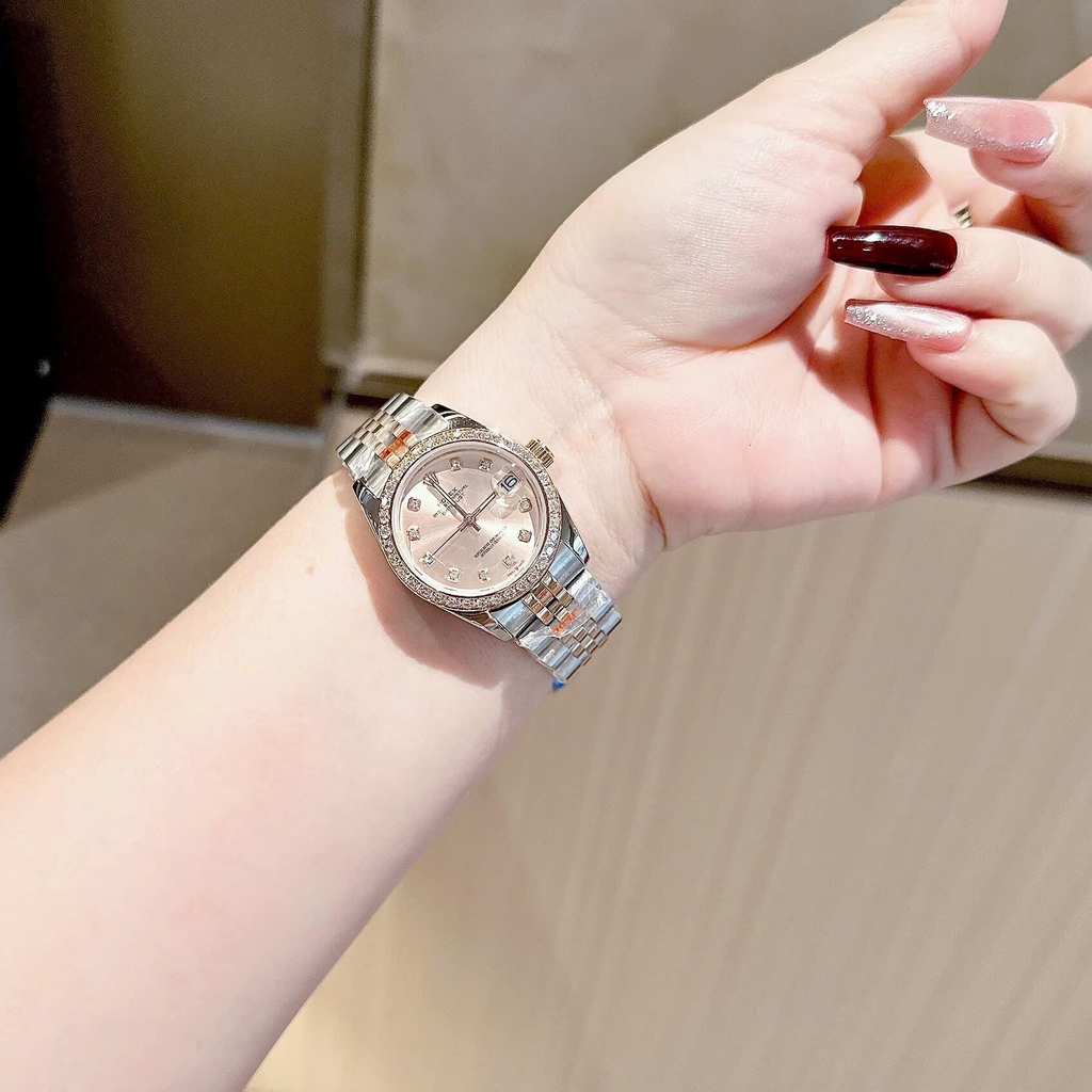 Đồng Hồ Rolex Datejust Nữ Máy Pin Dây Thép Demi Rose Mặt Rose Size 31mm Viền Đá Khóa Hộp
