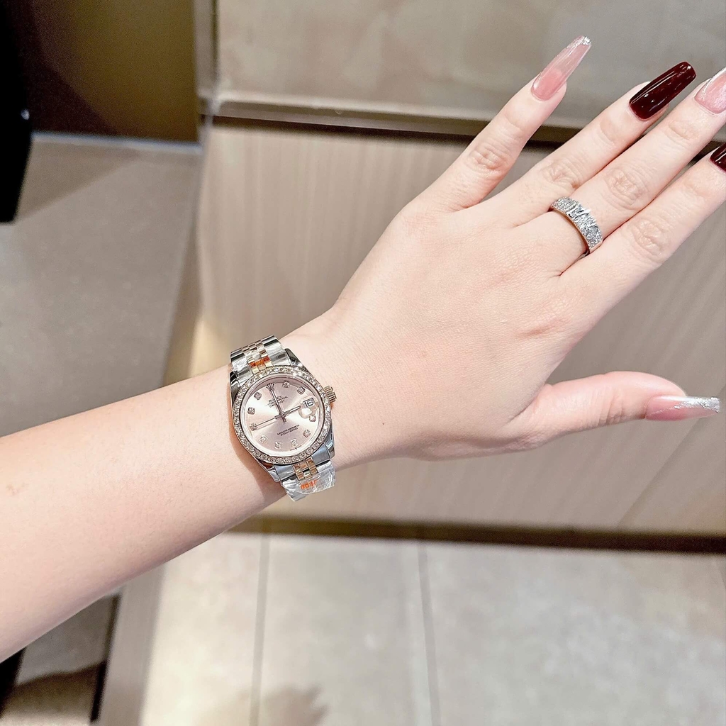 Đồng Hồ Rolex Datejust Nữ Máy Pin Dây Thép Demi Rose Mặt Rose Size 31mm Viền Đá Khóa Hộp