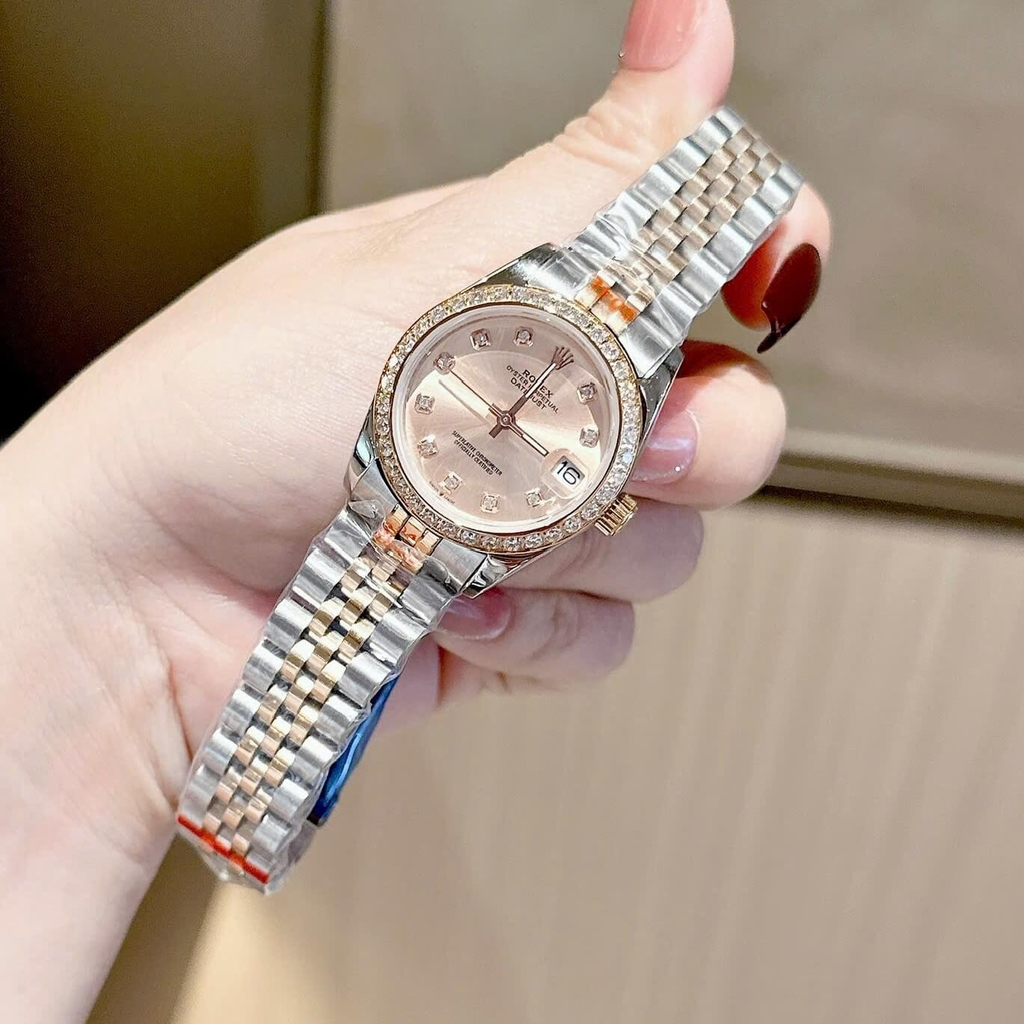 Đồng Hồ Rolex Datejust Nữ Máy Pin Dây Thép Demi Rose Mặt Rose Size 31mm Viền Đá Khóa Hộp