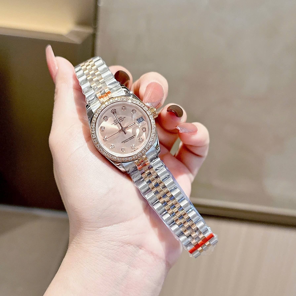 Đồng Hồ Rolex Datejust Nữ Máy Pin Dây Thép Demi Rose Mặt Rose Size 31mm Viền Đá Khóa Hộp