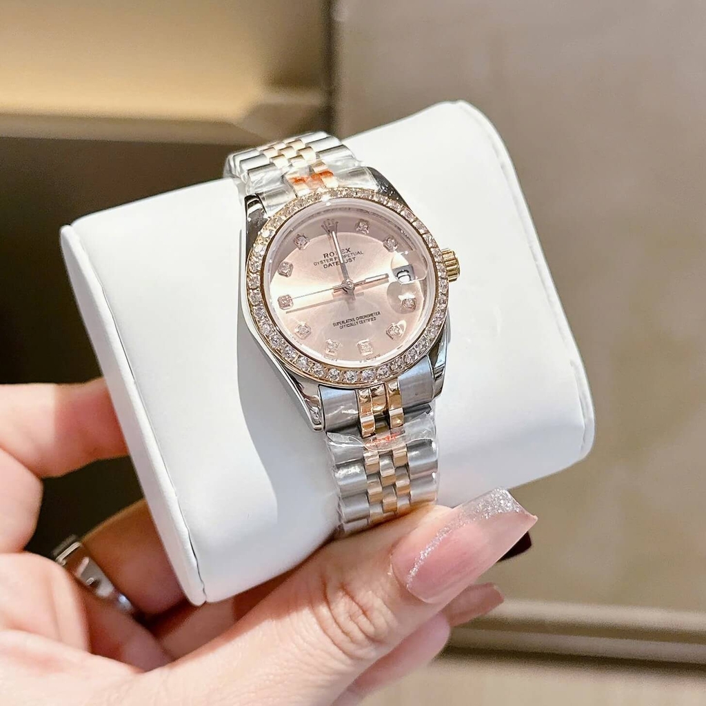 Đồng Hồ Rolex Datejust Nữ Máy Pin Dây Thép Demi Rose Mặt Rose Size 31mm Viền Đá Khóa Hộp