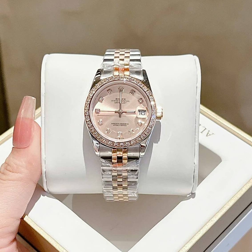Đồng Hồ Rolex Datejust Nữ Máy Pin Dây Thép Demi Rose Mặt Rose Size 31mm Viền Đá Khóa Hộp
