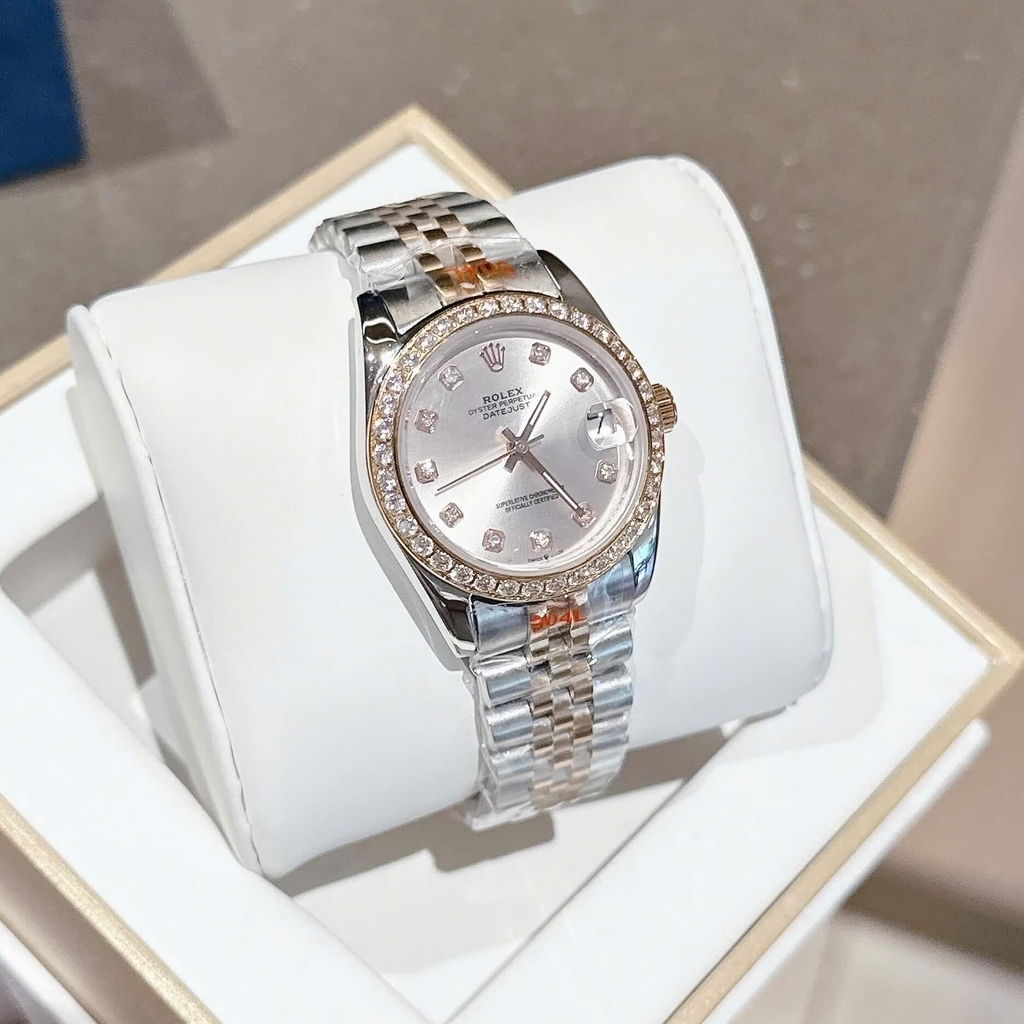 Đồng Hồ Rolex Datejust Nữ Máy Pin Dây Thép Demi Rose Size 31mm Viền Đá Khóa Hộp