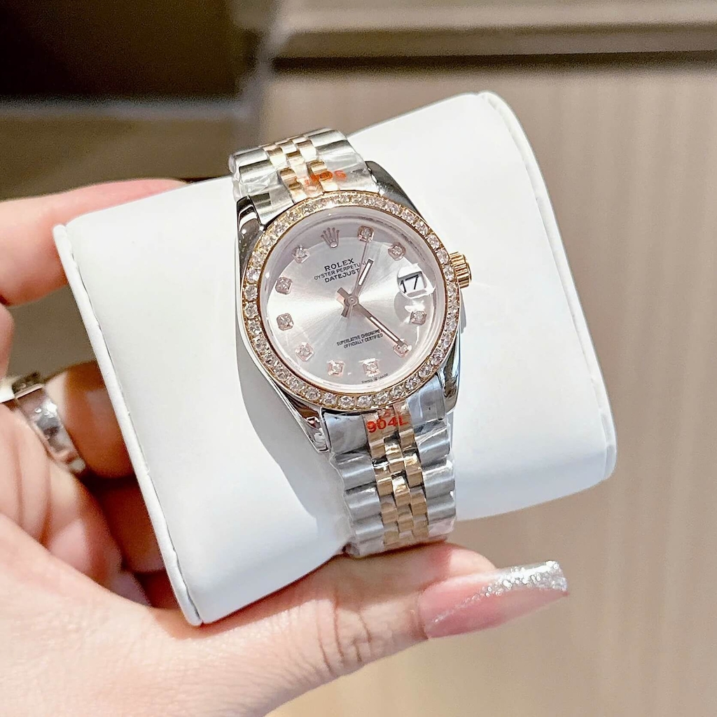 Đồng Hồ Rolex Datejust Nữ Máy Pin Dây Thép Demi Rose Size 31mm Viền Đá Khóa Hộp