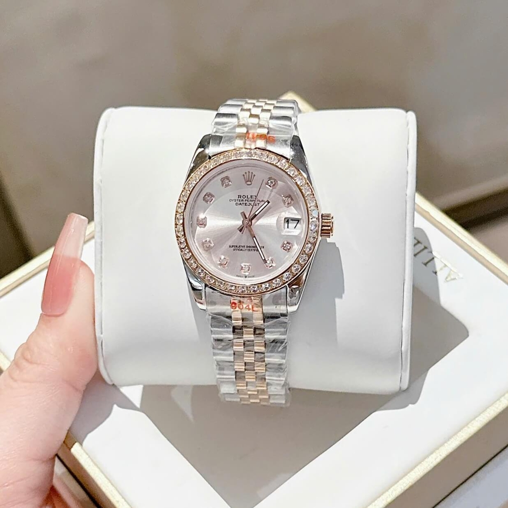 Đồng Hồ Rolex Datejust Nữ Máy Pin Dây Thép Demi Rose Size 31mm Viền Đá Khóa Hộp