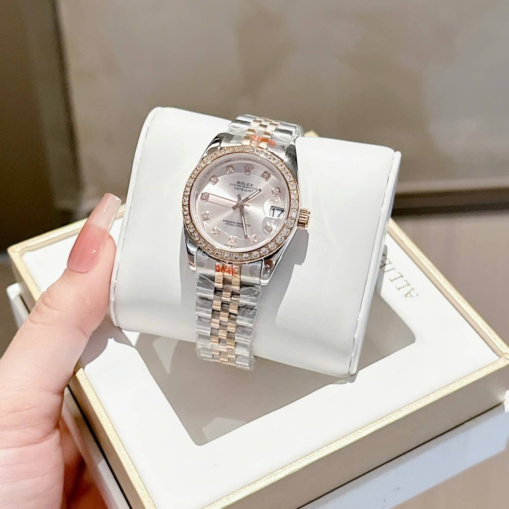 Đồng Hồ Rolex Datejust Nữ Máy Pin Dây Thép Demi Rose Size 31mm Viền Đá Khóa Hộp