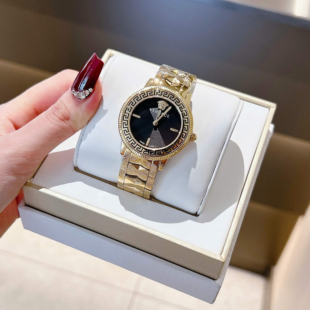 Đồng Hồ Nữ Versace Tribute Dây Thép Vàng Mặt Đen Size 35mm Quartz