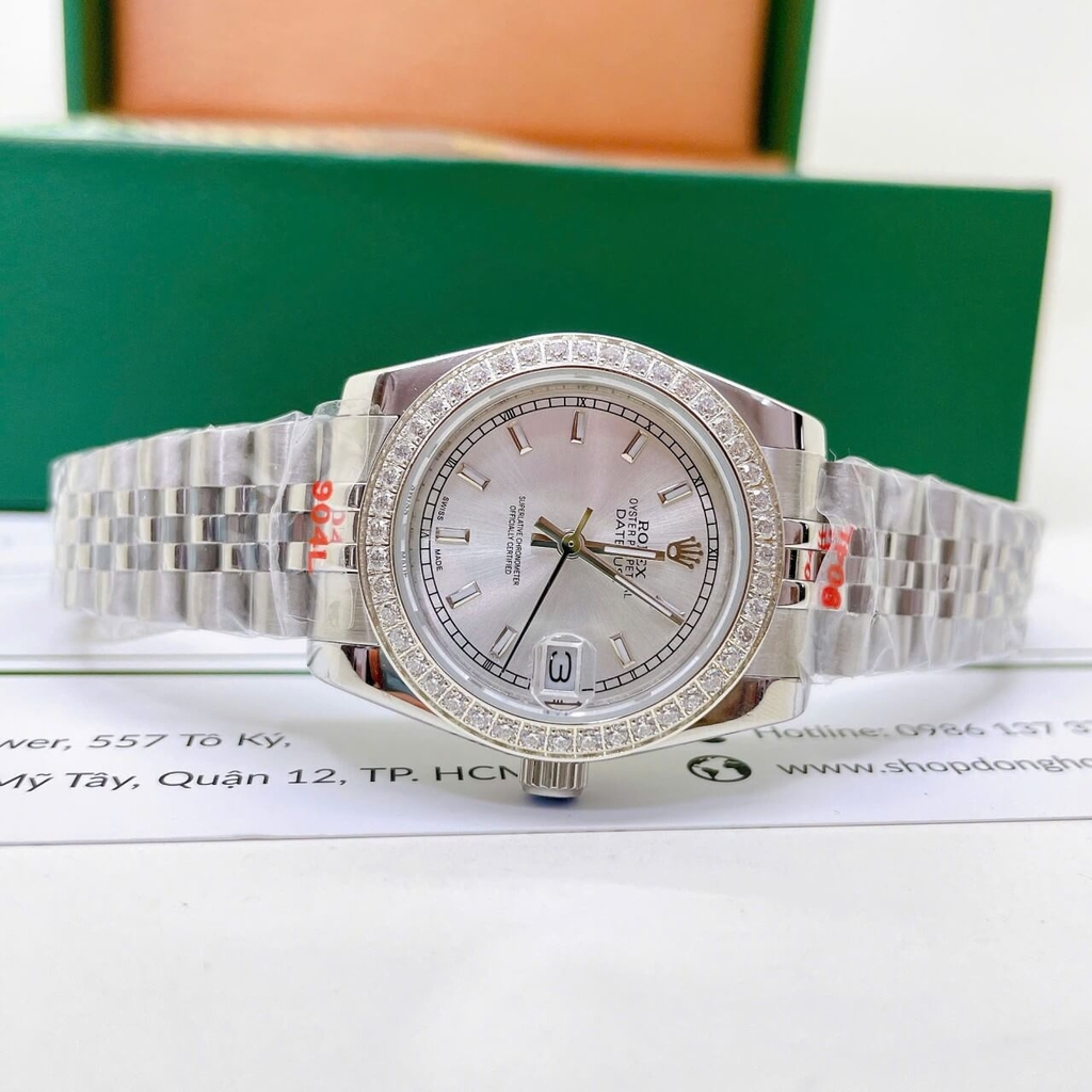 Đồng Hồ Rolex Datejust Nữ Dây Thép Silver Mặt Trắng Đính Đá Size 31mm - Quartz