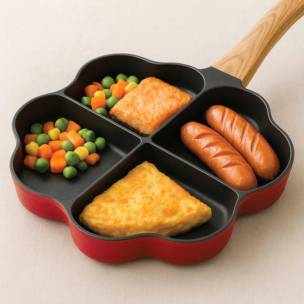 Chảo chiên 4 ngăn chống dính Todaii mẫu cỏ 4 lá màu đỏ