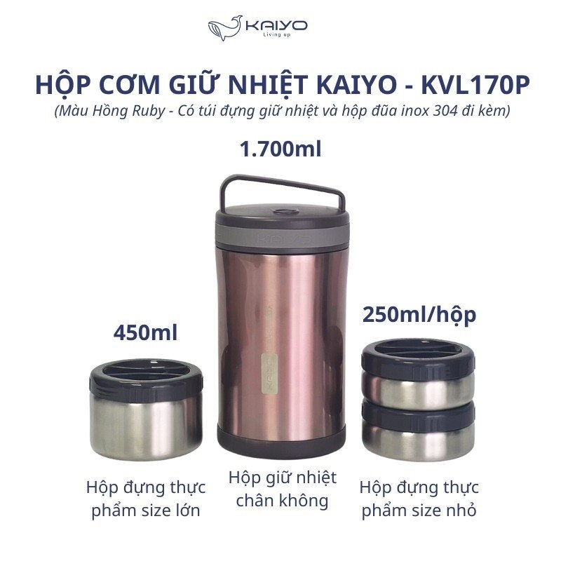 Hộp cơm giữ nhiệt Kaiyo dung tích 1.700ml màu hồng Ruby