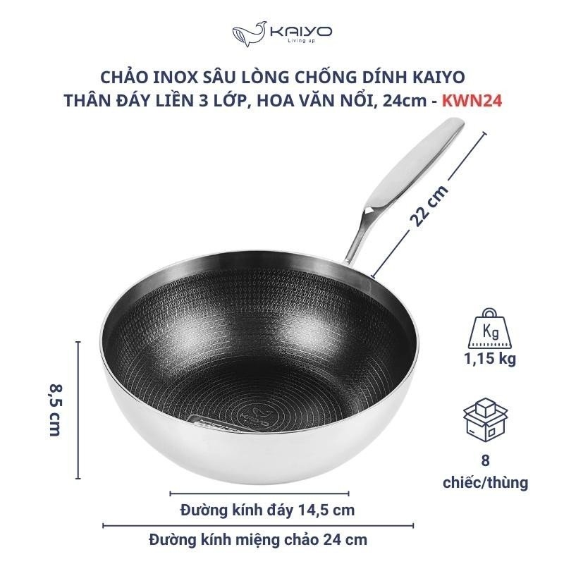 Chảo inox chống dính hoa văn nổi Tri-Ply đáy liền sâu lòng Kaiyo, size 24cm