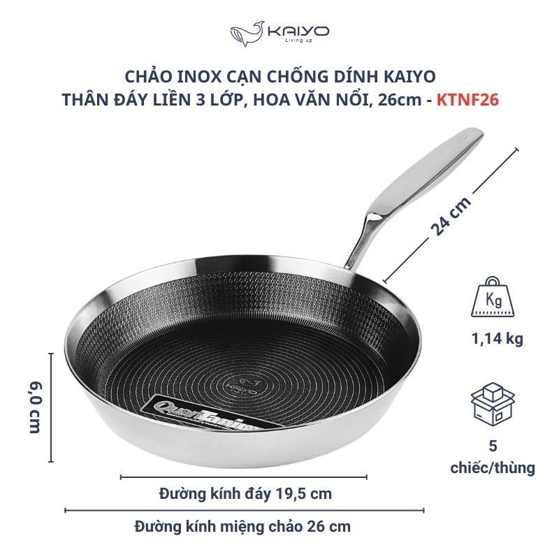 Chảo inox chống dính hoa văn nổi Tri-Ply đáy liền Kaiyo, size 26cm