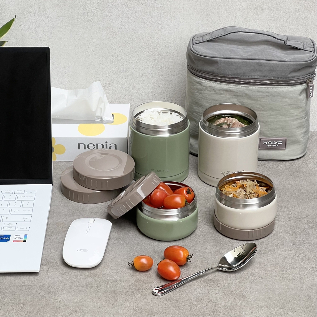 Bộ hộp cơm giữ nhiệt 4 hộp, dung tích 1200ml, màu be và xanh olive