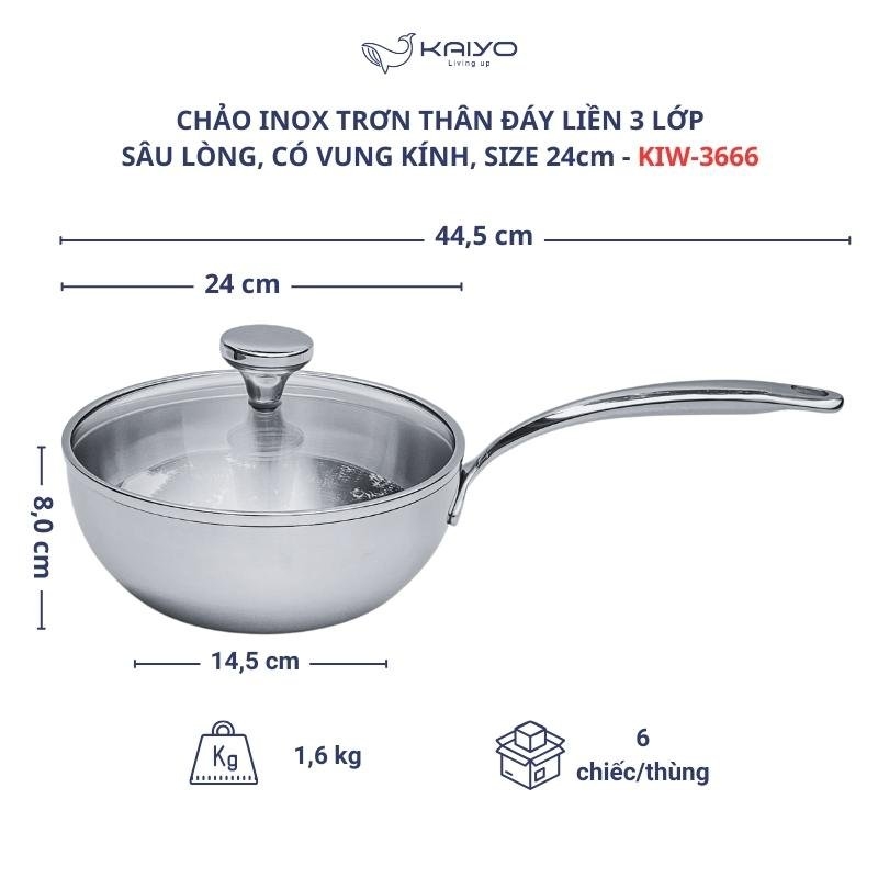 Chảo đúc Inox 3 lớp đáy liền sây lòng Tri-ply có vung kính Kaiyo, 24cm