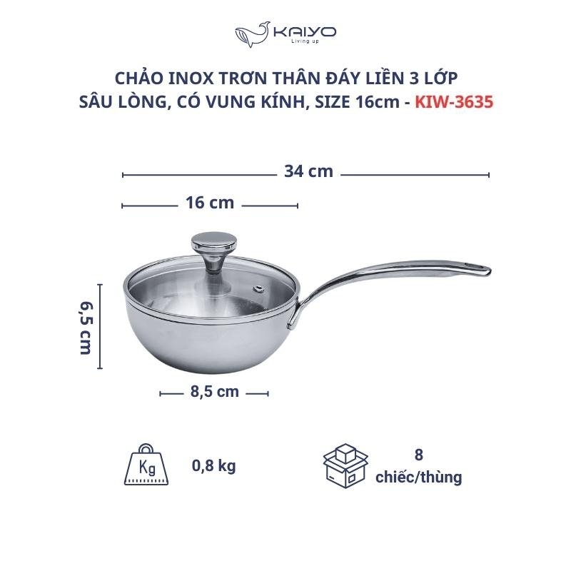 Chảo đúc Inox 3 lớp đáy liền sây lòng Tri-ply có vung kính Kaiyo, 16cm