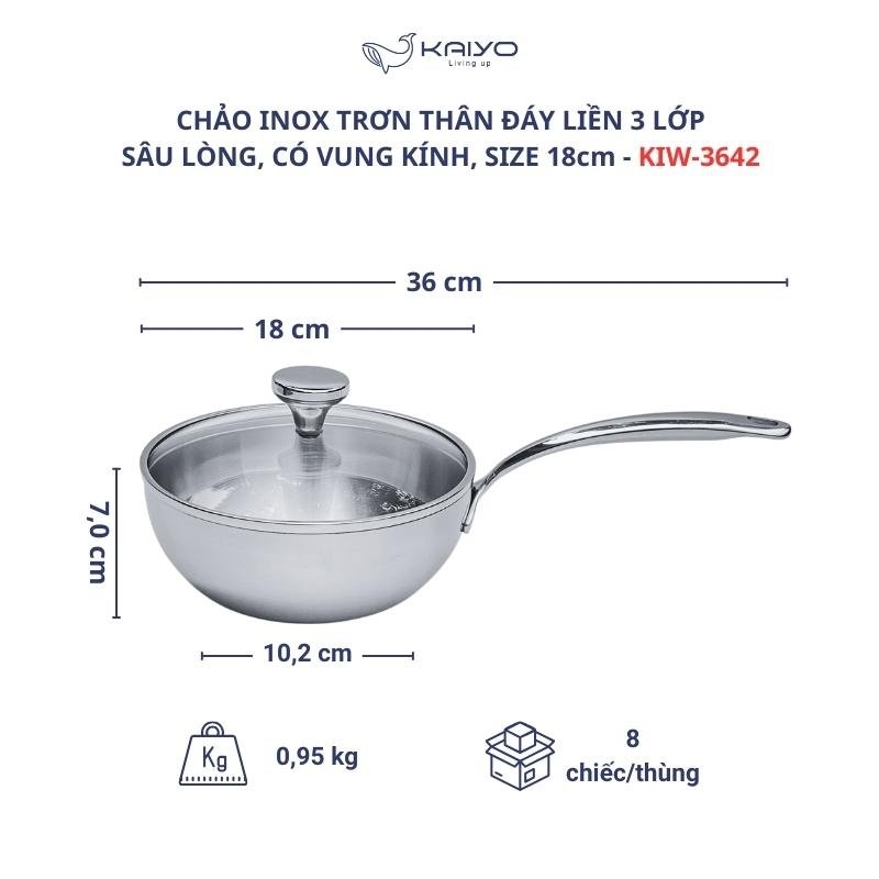 Chảo đúc Inox 3 lớp đáy liền sây lòng Tri-ply có vung kính Kaiyo, 18cm