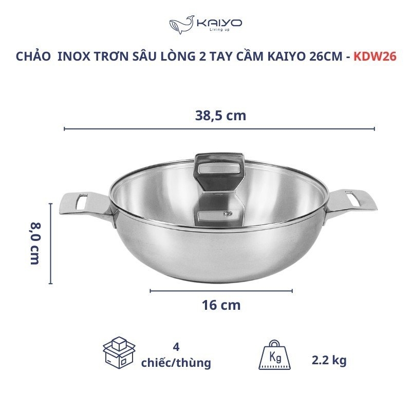 Chảo inox 3 lớp đáy liền sâu lòng Tri-Ply Kaiyo 2 tay cầm, size 26cm