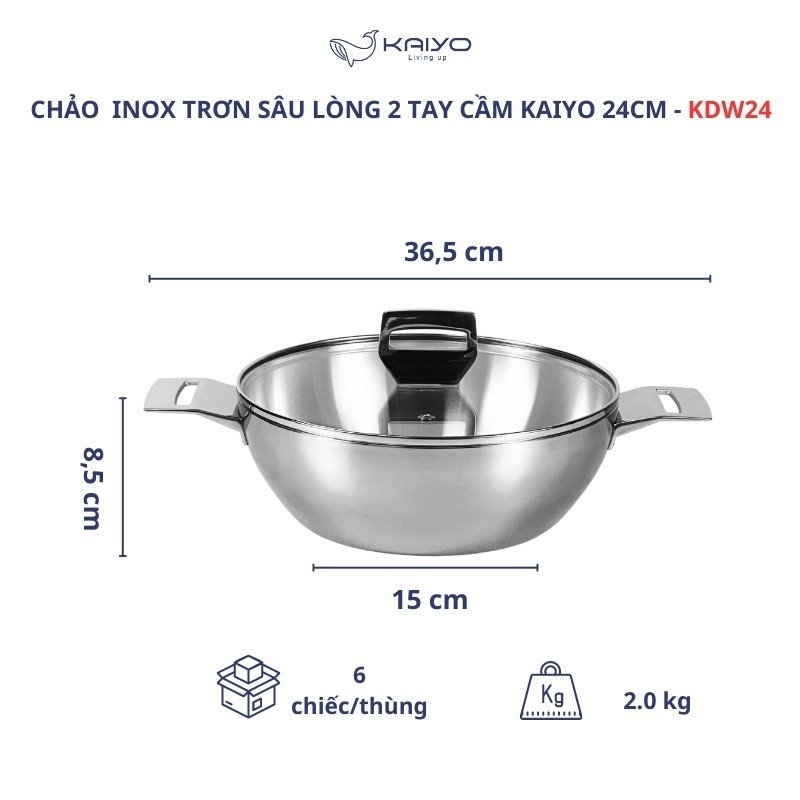 Chảo inox 3 lớp đáy liền sâu lòng Tri-Ply Kaiyo 2 tay cầm, size 24cm