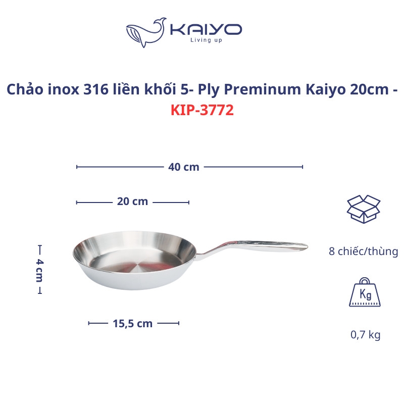 Chảo inox 316 liền khối 5-ply Premium Kaiyo 20cm