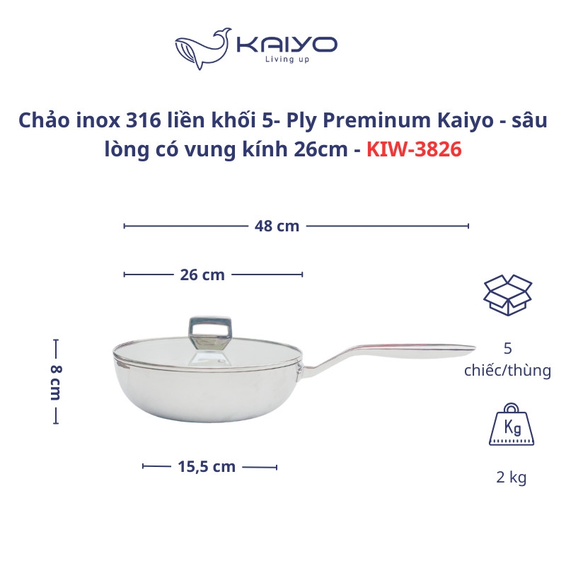 Chảo inox 316 liền khối 5-ply Premium Kaiyo -sâu lòng có vung kính 26cm