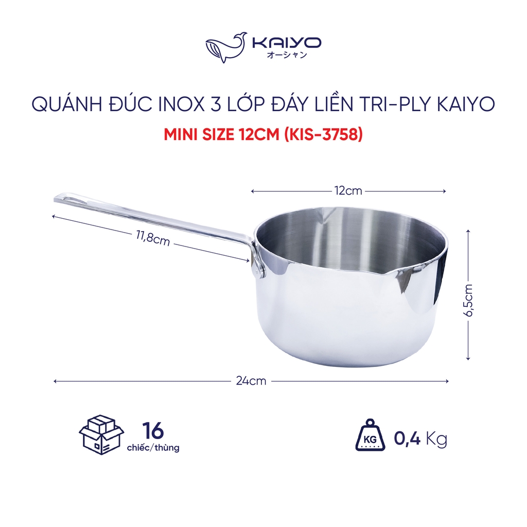 Quánh đúc inox 3 lớp đáy liền Tri-Ply Kaiyo, mini size 12cm