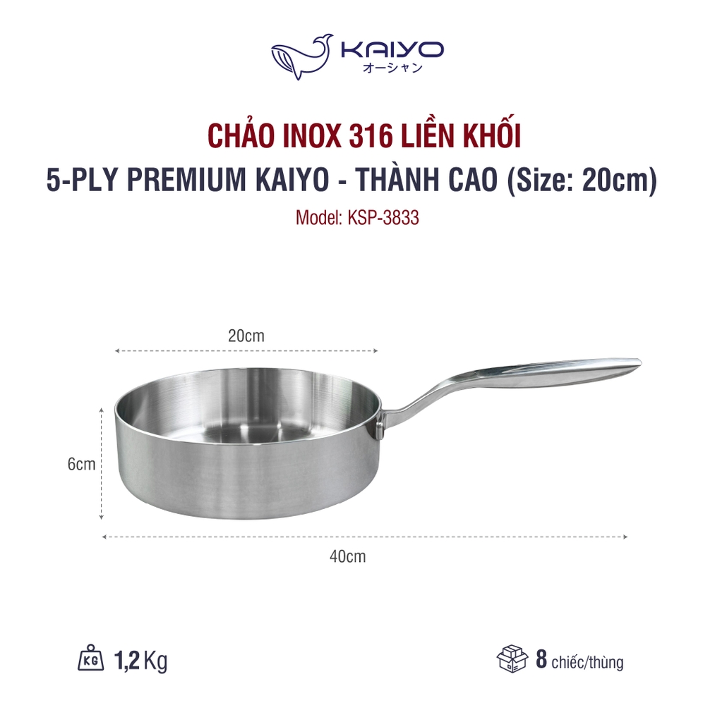 Chảo inox 316 liền khối 5-ply Premium Kaiyo - thành cao, size 20cm