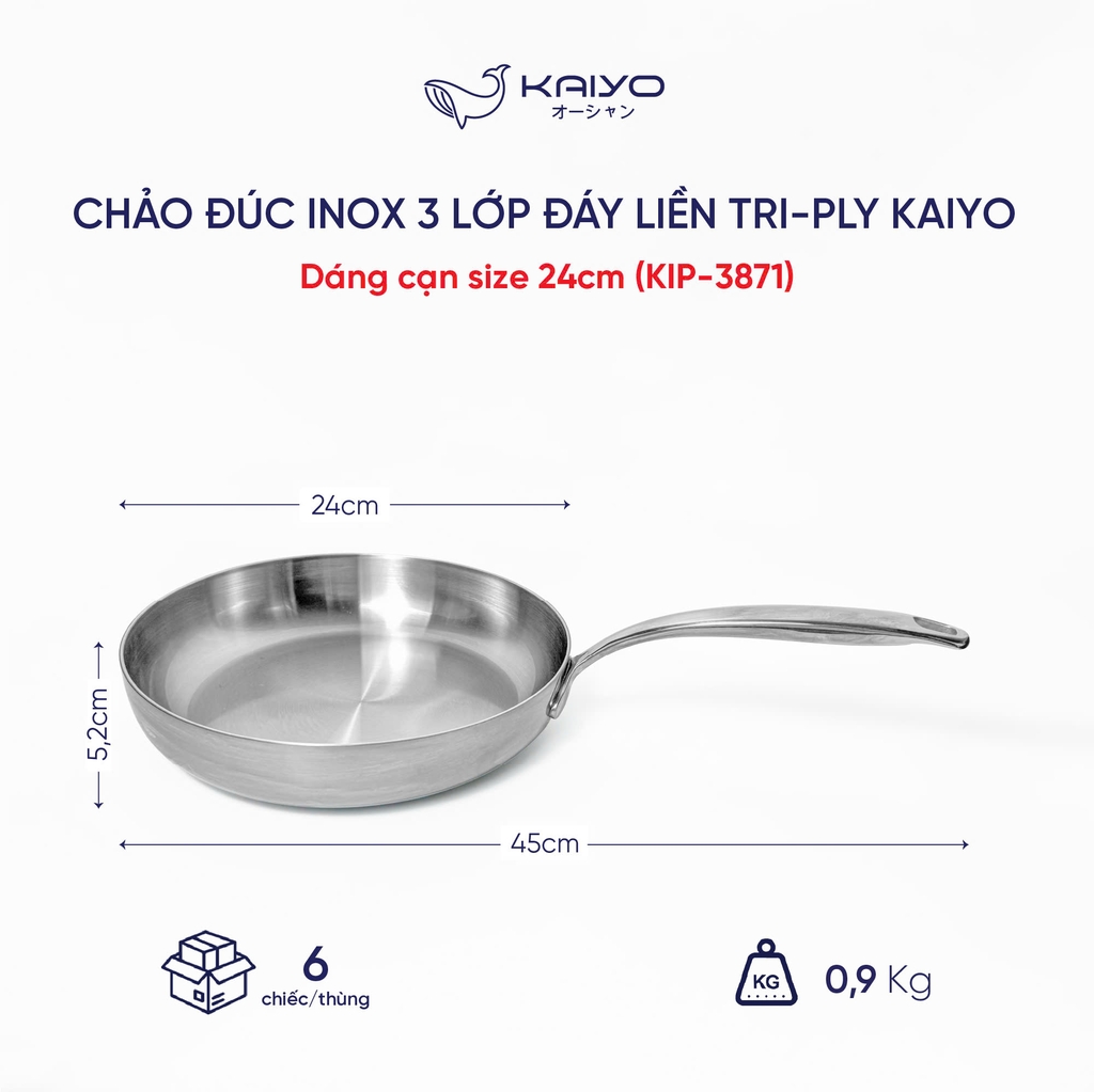 Chảo đúc inox 3 lớp đáy liền Tri-ply Kaiyo, dáng cạn size 24cm