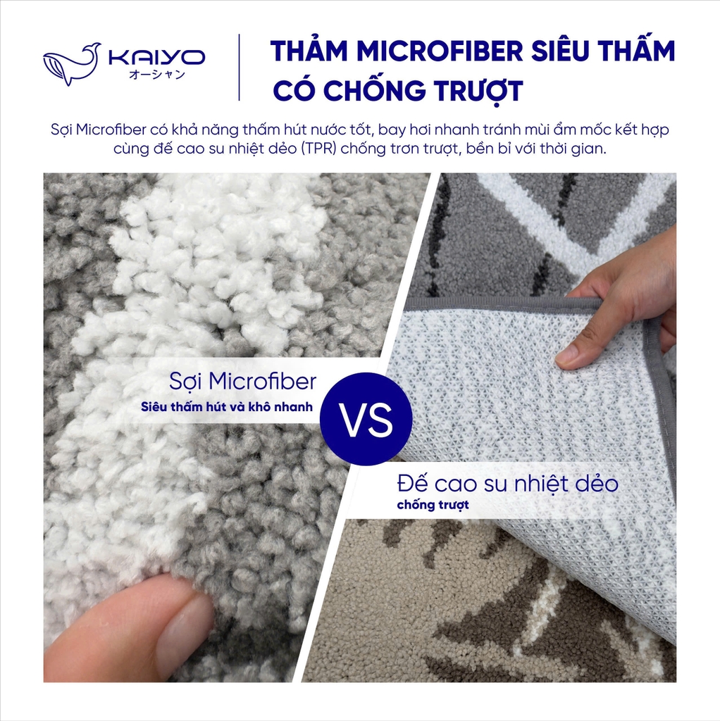 Thảm microfiber siêu thấm có chống trượt Kaiyo, 50x70 cm màu ghi