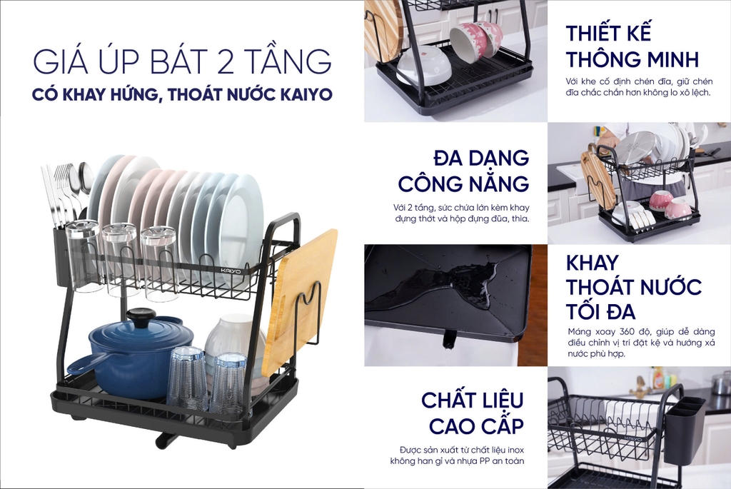 Giá úp bát 2 tầng có khay hứng, thoát nước Kaiyo, 38x29cm