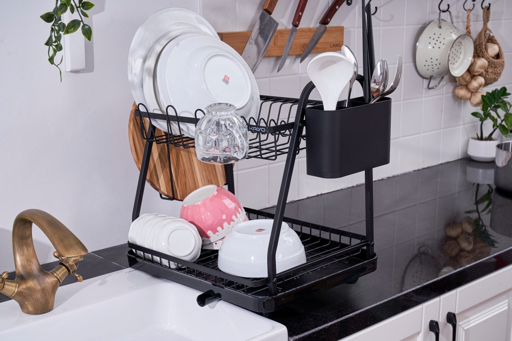 Giá úp bát 2 tầng có khay hứng, thoát nước Kaiyo, 38x29cm