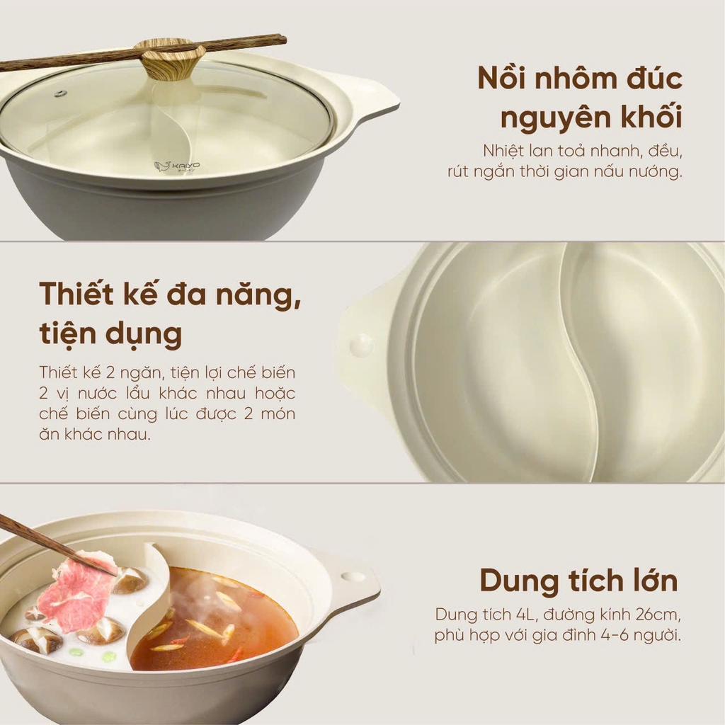 Nồi lẩu nhôm đúc nguyên khối 2 ngăn Kaiyo 26cm
