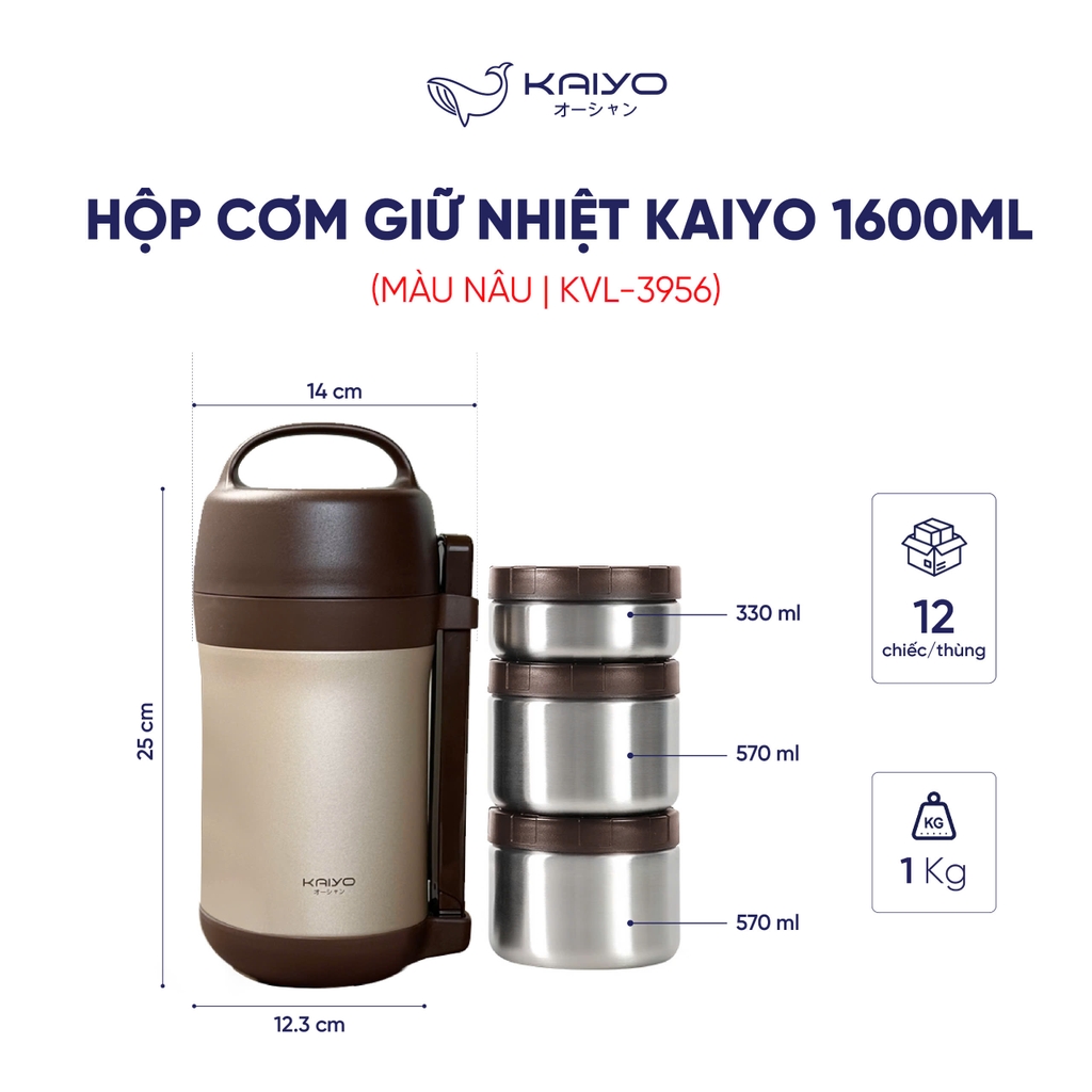 Hộp cơm giữ nhiệt Kaiyo 1600ml, màu nâu