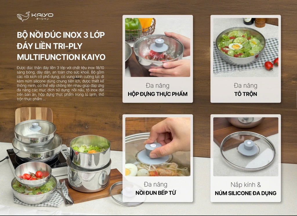 Bộ 2 nồi inox đa năng kiêm âu đựng thực phẩm Kaiyo - dáng tròn, size20,24 cm
