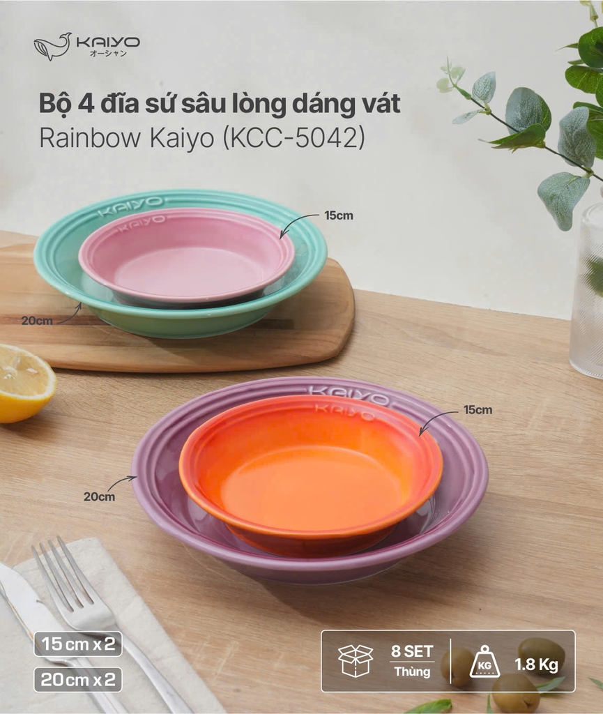 Bộ 4 đĩa sứ sâu lòng dáng vát Rainbow Kaiyo, size 15, 20 cm