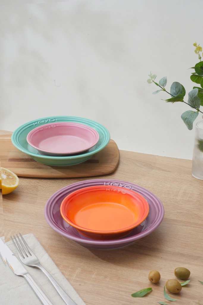 Bộ 4 đĩa sứ sâu lòng dáng vát Rainbow Kaiyo, size 15, 20 cm