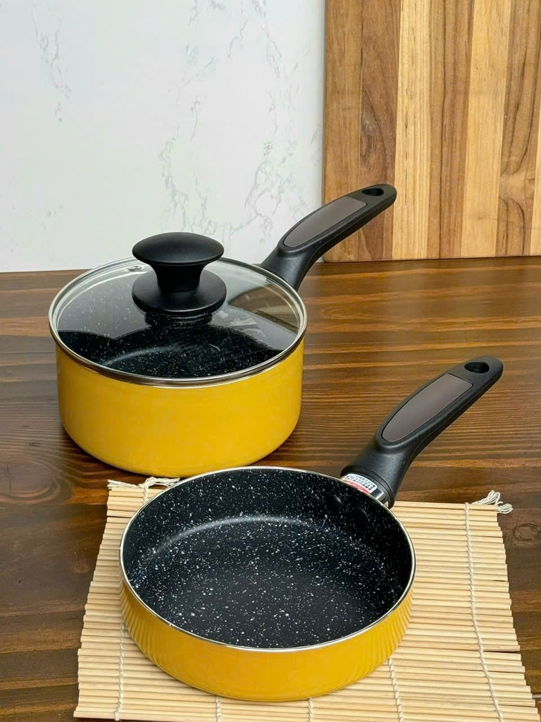Set 2 chảo quánh mini kèm nắp kính Kakusee (16cm, màu vàng)