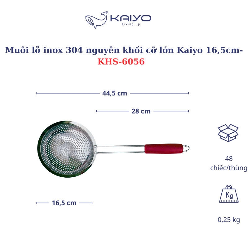 Muôi vớt inox 304 cỡ lớn nguyên khối Kaiyo 16,5cm