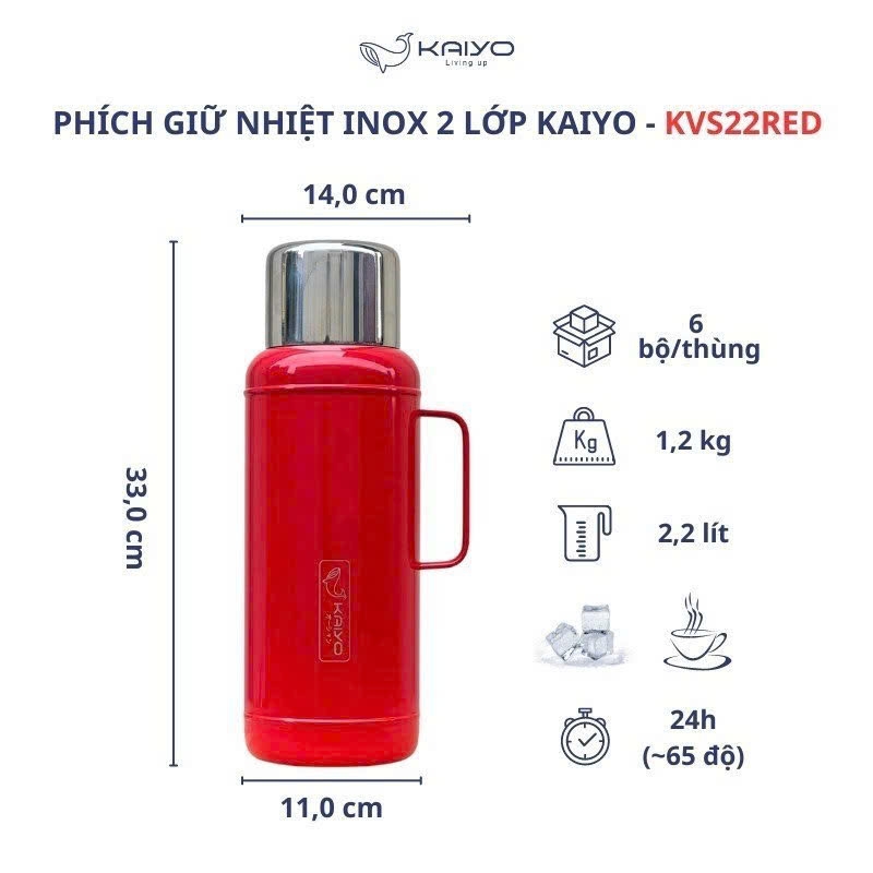 Phích giữ nhiệt 2 lớp inox Kaiyo màu đỏ cherry, dung tích 2,2L
