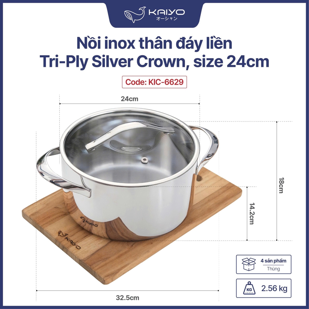 Nồi inox thân đáy liền Tri-Ply Silver Crown, size 24cm