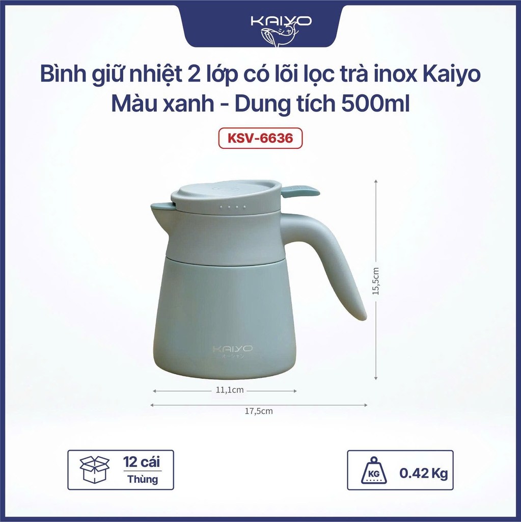 Bình giữ nhiệt 2 lớp có lõi lọc trà inox Kaiyo màu xanh, dung tích 500ml